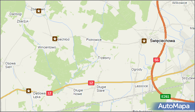 mapa Trzebiny gmina Święciechowa, Trzebiny gmina Święciechowa na mapie Targeo