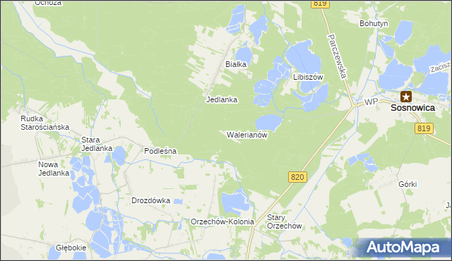 mapa Walerianów gmina Sosnowica, Walerianów gmina Sosnowica na mapie Targeo