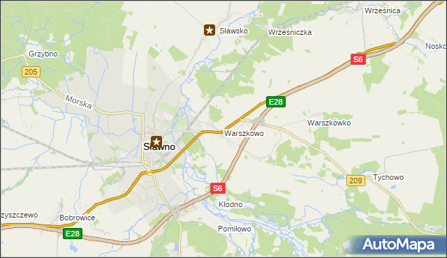 mapa Warszkowo gmina Sławno, Warszkowo gmina Sławno na mapie Targeo