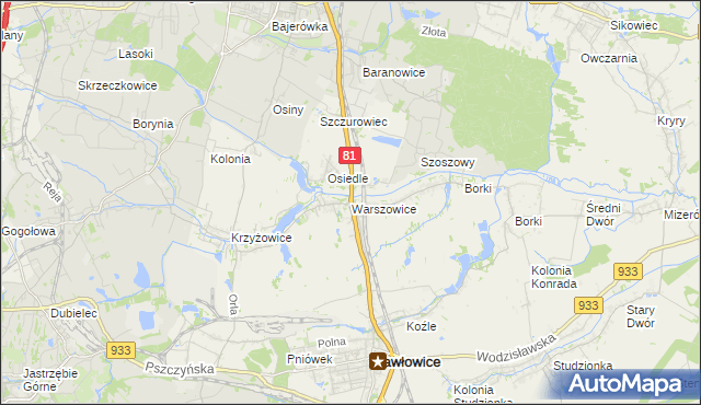 mapa Warszowice, Warszowice na mapie Targeo