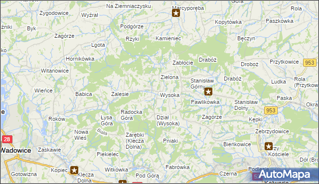 mapa Wysoka gmina Wadowice, Wysoka gmina Wadowice na mapie Targeo
