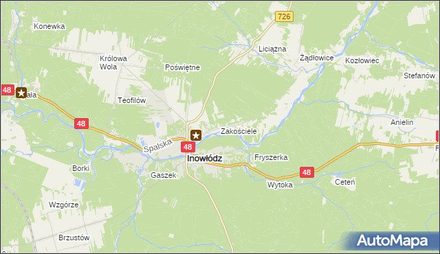 mapa Zakościele gmina Inowłódz, Zakościele gmina Inowłódz na mapie Targeo