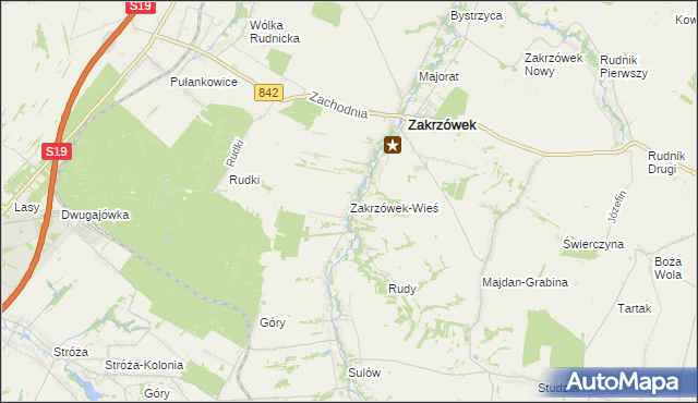 mapa Zakrzówek-Wieś gmina Zakrzówek, Zakrzówek-Wieś gmina Zakrzówek na mapie Targeo