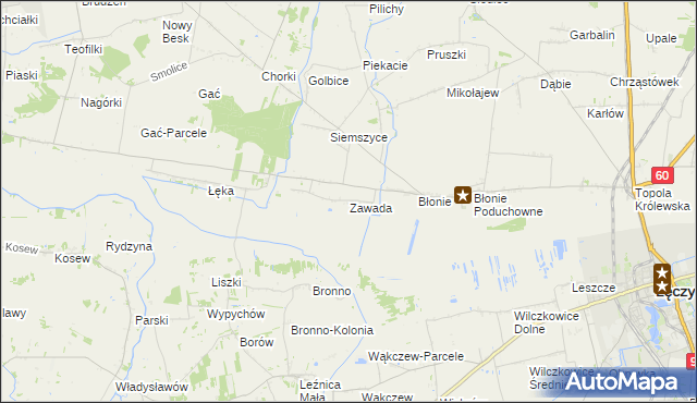 mapa Zawada gmina Łęczyca, Zawada gmina Łęczyca na mapie Targeo