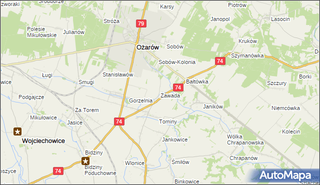 mapa Zawada gmina Ożarów, Zawada gmina Ożarów na mapie Targeo