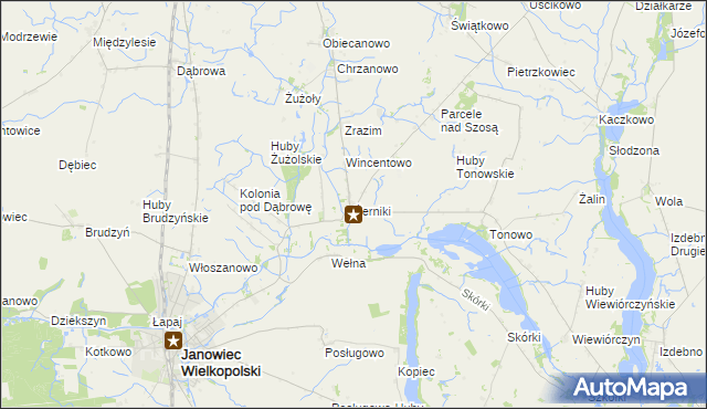 mapa Żerniki gmina Janowiec Wielkopolski, Żerniki gmina Janowiec Wielkopolski na mapie Targeo