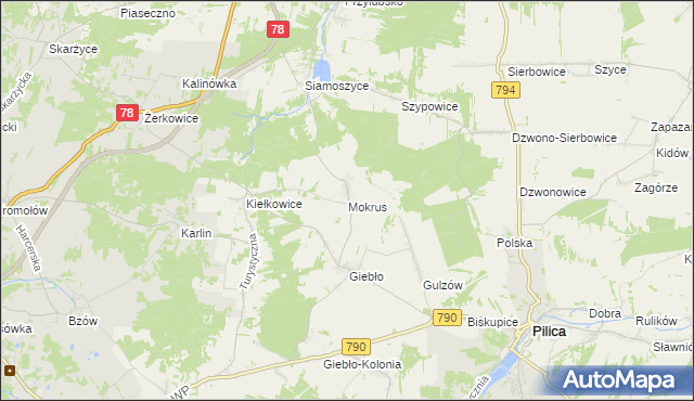 mapa Mokrus gmina Ogrodzieniec, Mokrus gmina Ogrodzieniec na mapie Targeo