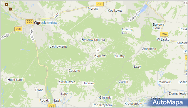 mapa Ryczów gmina Ogrodzieniec, Ryczów gmina Ogrodzieniec na mapie Targeo