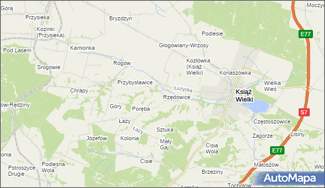 mapa Rzędowice gmina Książ Wielki, Rzędowice gmina Książ Wielki na mapie Targeo