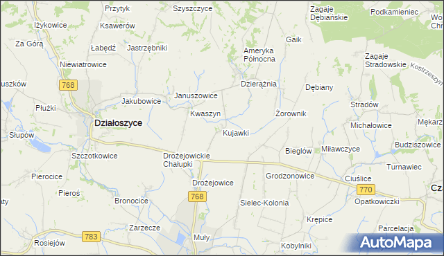 mapa Kujawki gmina Działoszyce, Kujawki gmina Działoszyce na mapie Targeo