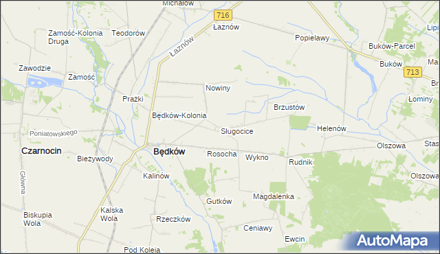 mapa Sługocice gmina Będków, Sługocice gmina Będków na mapie Targeo
