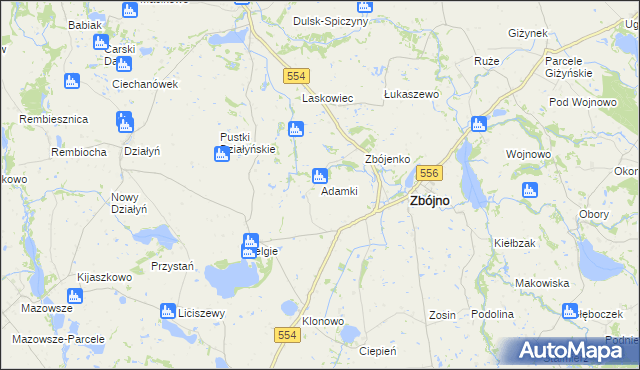 mapa Adamki gmina Zbójno, Adamki gmina Zbójno na mapie Targeo