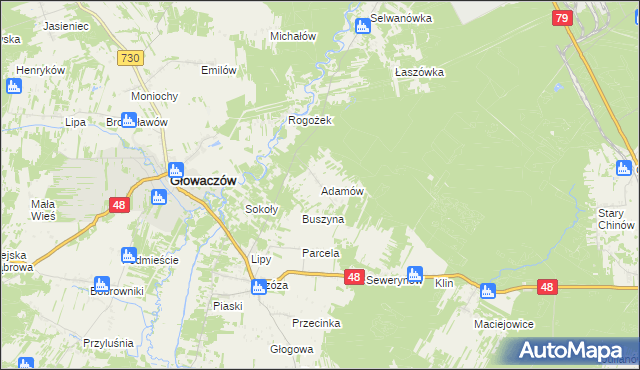 mapa Adamów gmina Głowaczów, Adamów gmina Głowaczów na mapie Targeo