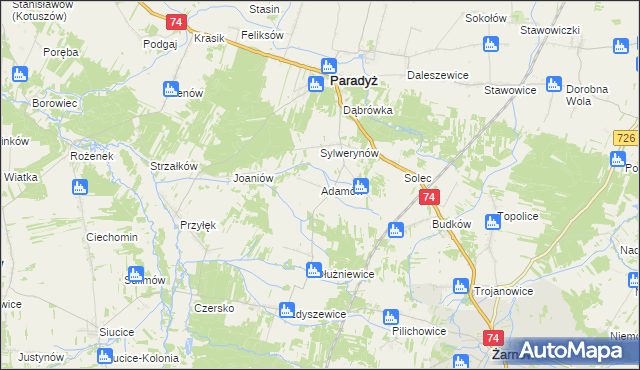 mapa Adamów gmina Paradyż, Adamów gmina Paradyż na mapie Targeo