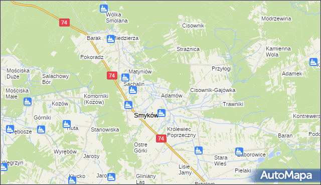 mapa Adamów gmina Smyków, Adamów gmina Smyków na mapie Targeo