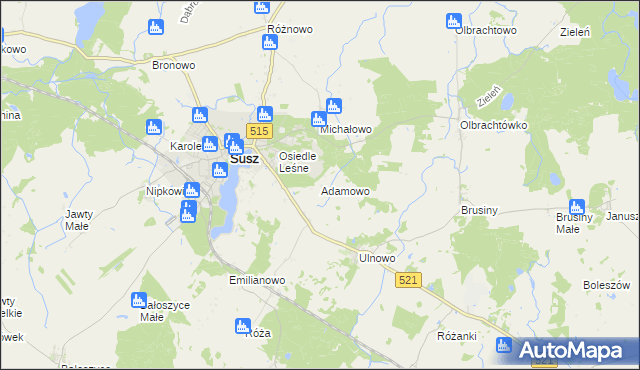 mapa Adamowo gmina Susz, Adamowo gmina Susz na mapie Targeo
