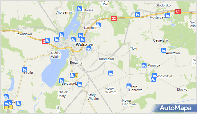 mapa Adamowo gmina Wolsztyn, Adamowo gmina Wolsztyn na mapie Targeo