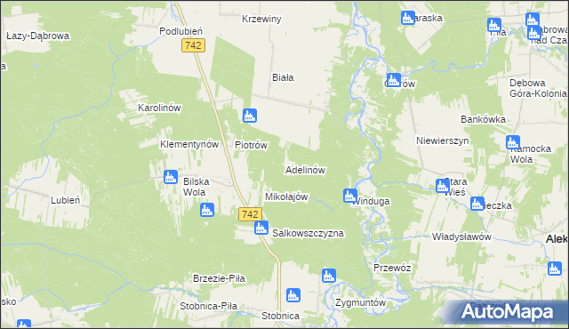 mapa Adelinów gmina Sulejów, Adelinów gmina Sulejów na mapie Targeo