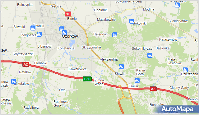 mapa Aleksandria gmina Ozorków, Aleksandria gmina Ozorków na mapie Targeo