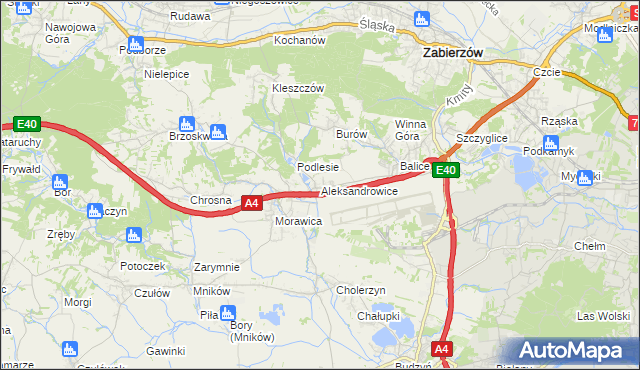 mapa Aleksandrowice gmina Zabierzów, Aleksandrowice gmina Zabierzów na mapie Targeo