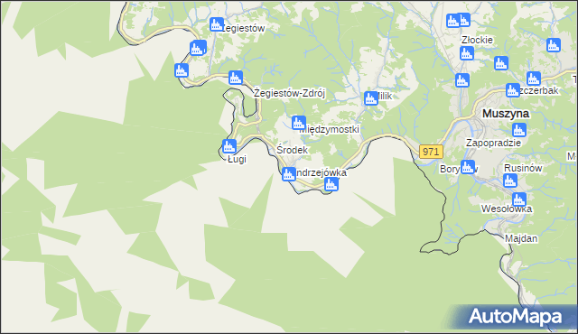 mapa Andrzejówka gmina Muszyna, Andrzejówka gmina Muszyna na mapie Targeo