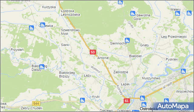 mapa Antonie gmina Olszewo-Borki, Antonie gmina Olszewo-Borki na mapie Targeo