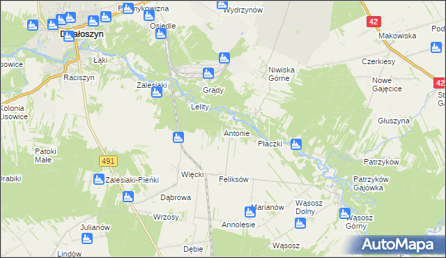 mapa Antonie gmina Popów, Antonie gmina Popów na mapie Targeo