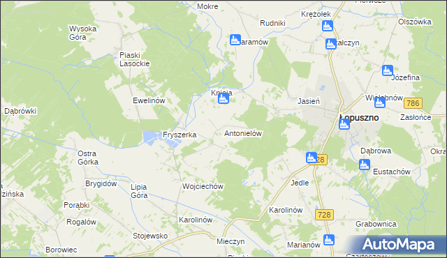 mapa Antonielów gmina Łopuszno, Antonielów gmina Łopuszno na mapie Targeo