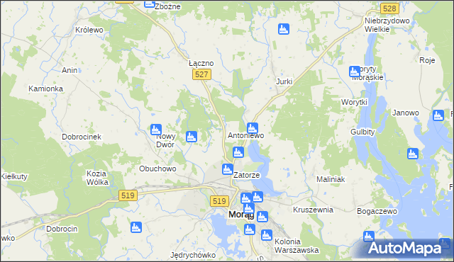 mapa Antoniewo gmina Morąg, Antoniewo gmina Morąg na mapie Targeo