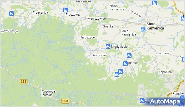 mapa Antoniów gmina Stara Kamienica, Antoniów gmina Stara Kamienica na mapie Targeo