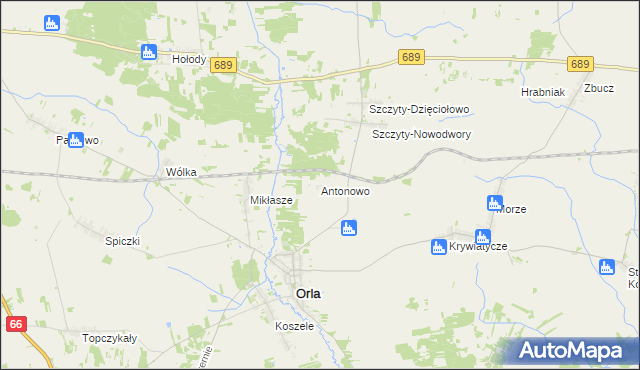 mapa Antonowo gmina Orla, Antonowo gmina Orla na mapie Targeo