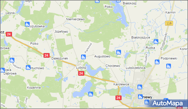 mapa Augustowo gmina Kwilcz, Augustowo gmina Kwilcz na mapie Targeo