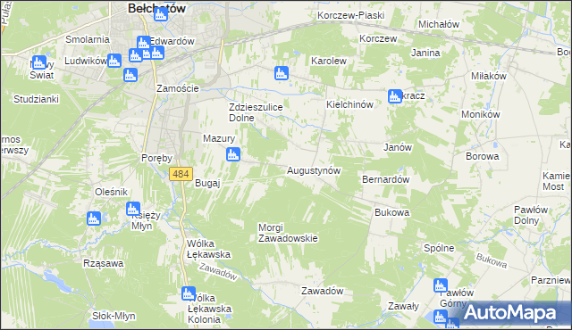 mapa Augustynów gmina Bełchatów, Augustynów gmina Bełchatów na mapie Targeo