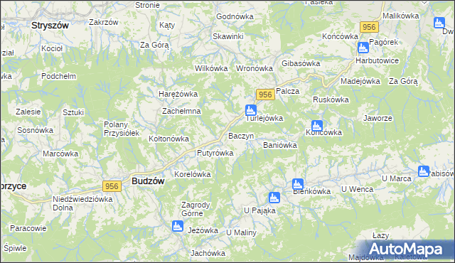 mapa Baczyn gmina Budzów, Baczyn gmina Budzów na mapie Targeo