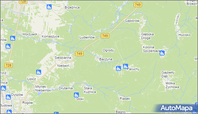 mapa Baczyna gmina Końskie, Baczyna gmina Końskie na mapie Targeo