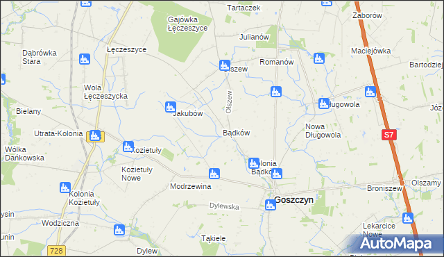 mapa Bądków gmina Goszczyn, Bądków gmina Goszczyn na mapie Targeo