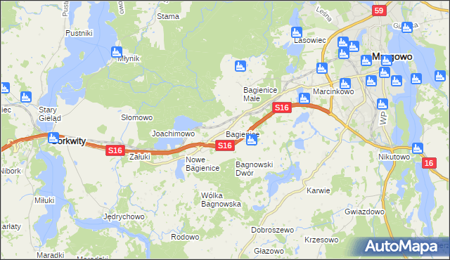 mapa Bagienice gmina Mrągowo, Bagienice gmina Mrągowo na mapie Targeo