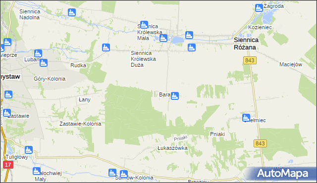 mapa Baraki gmina Siennica Różana, Baraki gmina Siennica Różana na mapie Targeo