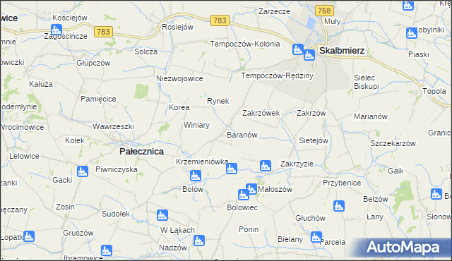 mapa Baranów gmina Skalbmierz, Baranów gmina Skalbmierz na mapie Targeo