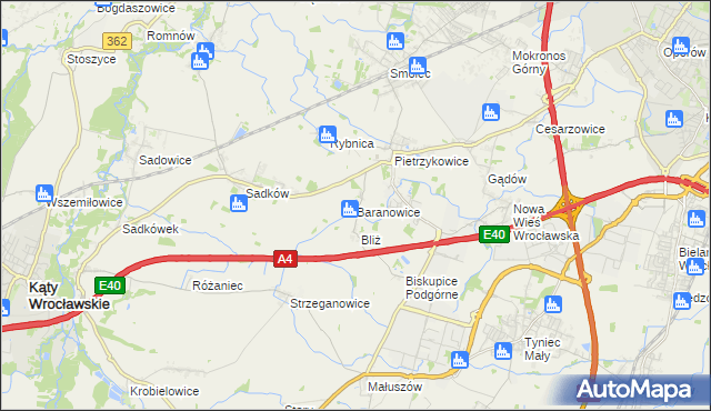 mapa Baranowice gmina Kąty Wrocławskie, Baranowice gmina Kąty Wrocławskie na mapie Targeo