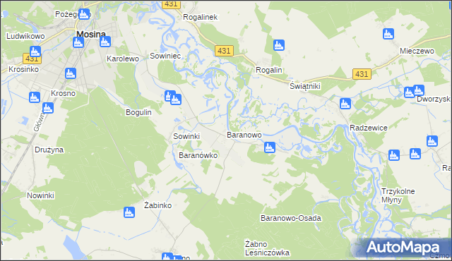 mapa Baranowo gmina Mosina, Baranowo gmina Mosina na mapie Targeo