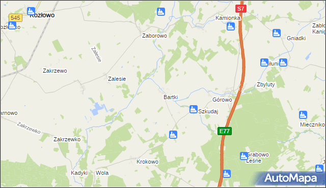 mapa Bartki gmina Kozłowo, Bartki gmina Kozłowo na mapie Targeo