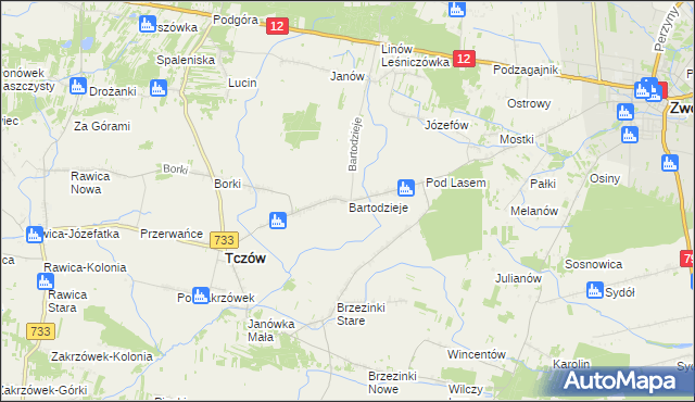 mapa Bartodzieje gmina Tczów, Bartodzieje gmina Tczów na mapie Targeo