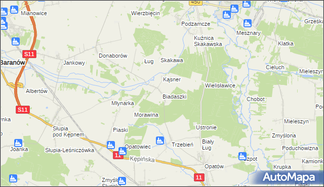 mapa Biadaszki gmina Łęka Opatowska, Biadaszki gmina Łęka Opatowska na mapie Targeo