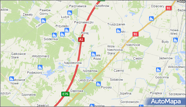 mapa Biała Róża gmina Rozprza, Biała Róża gmina Rozprza na mapie Targeo
