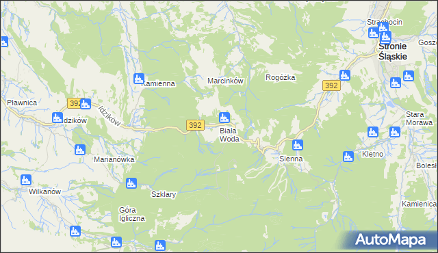 mapa Biała Woda gmina Bystrzyca Kłodzka, Biała Woda gmina Bystrzyca Kłodzka na mapie Targeo