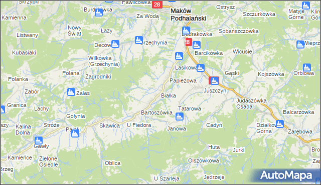 mapa Białka gmina Maków Podhalański, Białka gmina Maków Podhalański na mapie Targeo