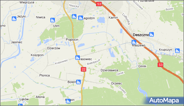 mapa Białobłocie gmina Deszczno, Białobłocie gmina Deszczno na mapie Targeo