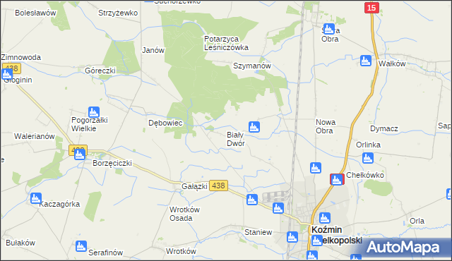 mapa Biały Dwór gmina Koźmin Wielkopolski, Biały Dwór gmina Koźmin Wielkopolski na mapie Targeo