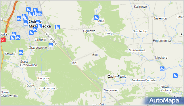 mapa Biel gmina Ostrów Mazowiecka, Biel gmina Ostrów Mazowiecka na mapie Targeo